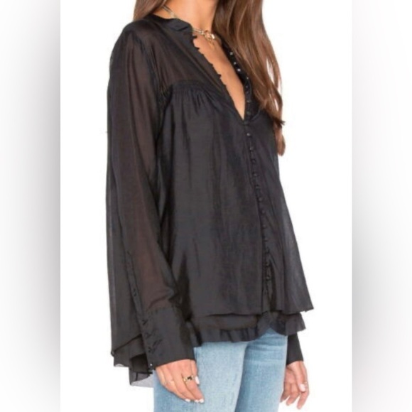 Free People Women’s Blouse Size XS Black Sheer Top Button Up Lined Silk Blend - Picture 1 of 5